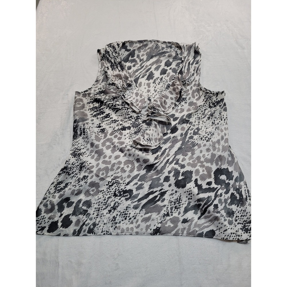 Unbranded Animal Print‎ Blouse Women M Grey Ruffle V-Neck Sleeveless